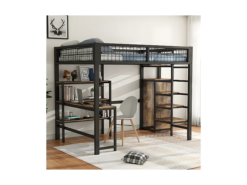 Lit superposé Lit 140x200 cm Lit jeune en fer ave table basse plusieurs étagères armoire encastrée noir