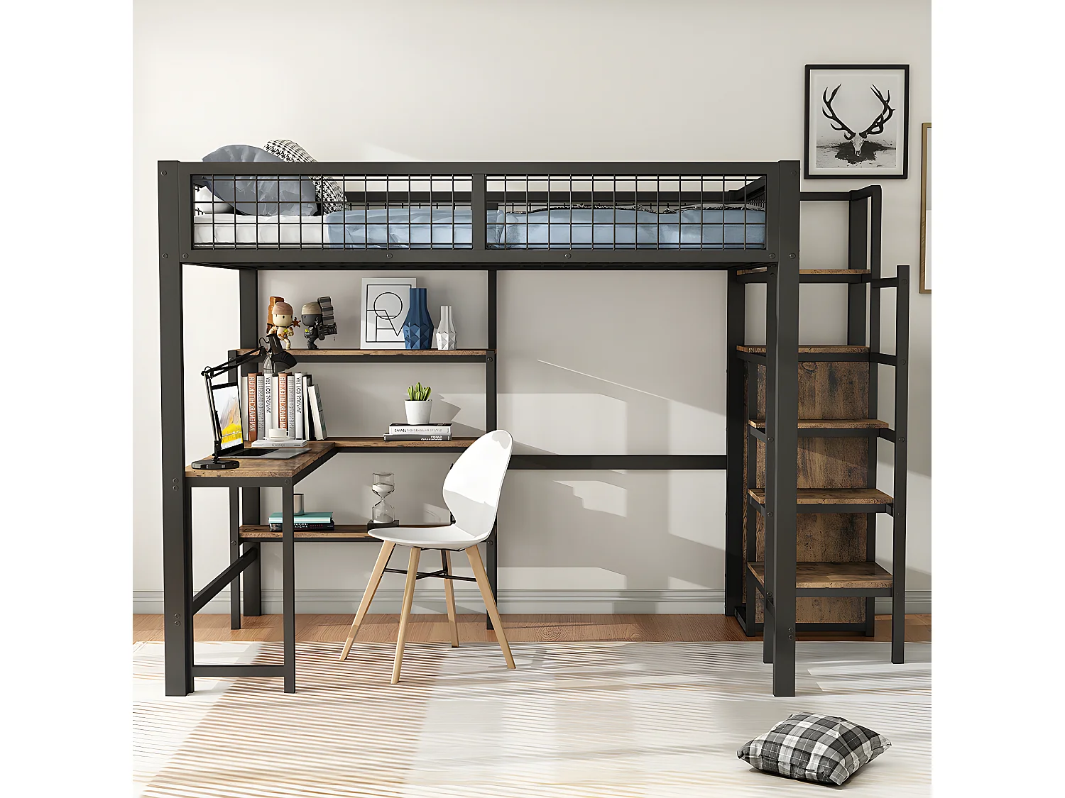 Lit superposé Lit 140x200 cm Lit jeune en fer ave table basse plusieurs étagères armoire encastrée noir