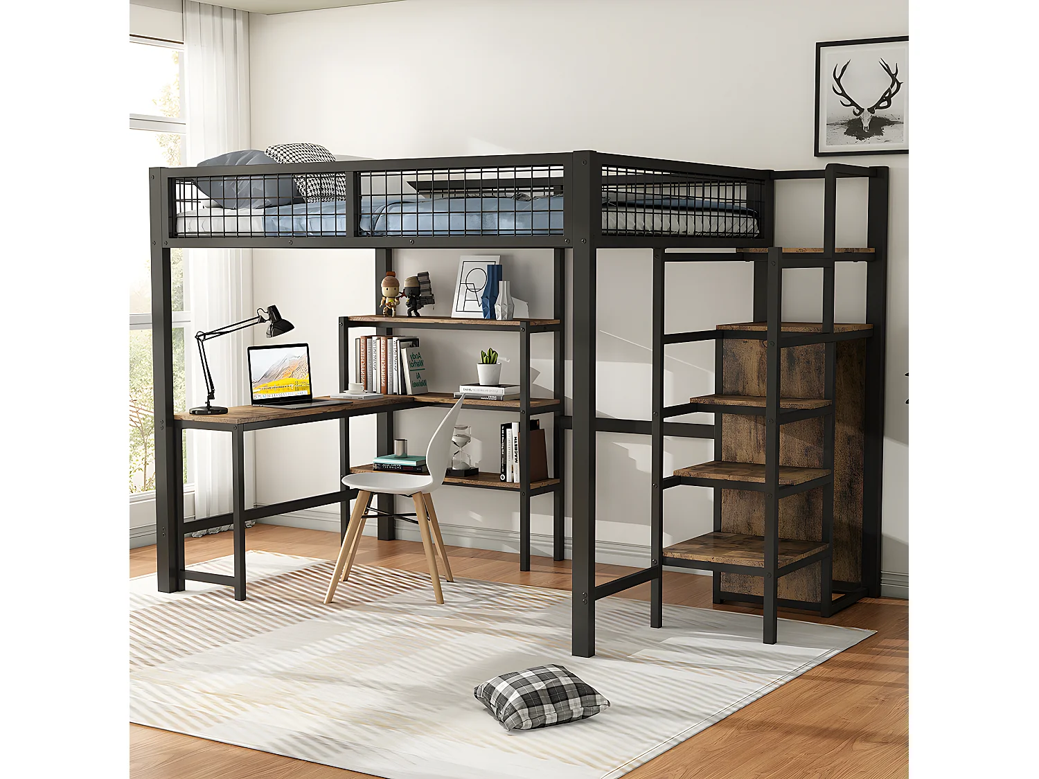 Lit superposé Lit 140x200 cm Lit jeune en fer ave table basse plusieurs étagères armoire encastrée noir