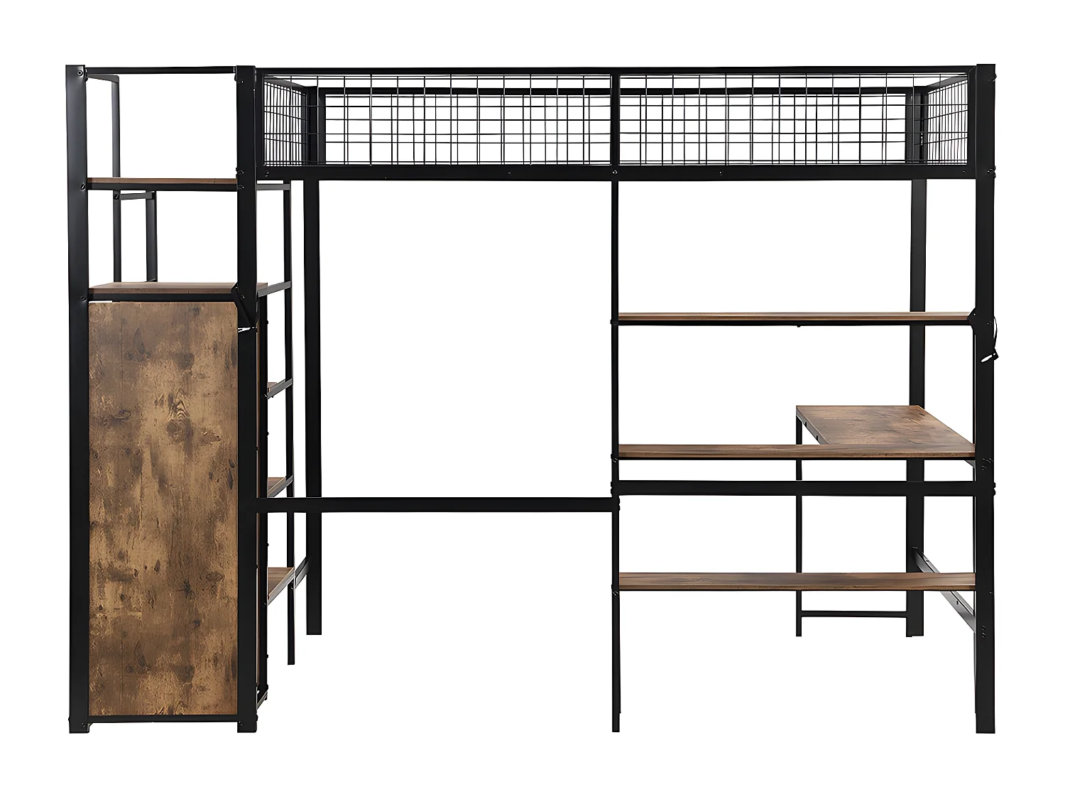 Lit superposé Lit 140x200 cm Lit jeune en fer ave table basse plusieurs étagères armoire encastrée noir