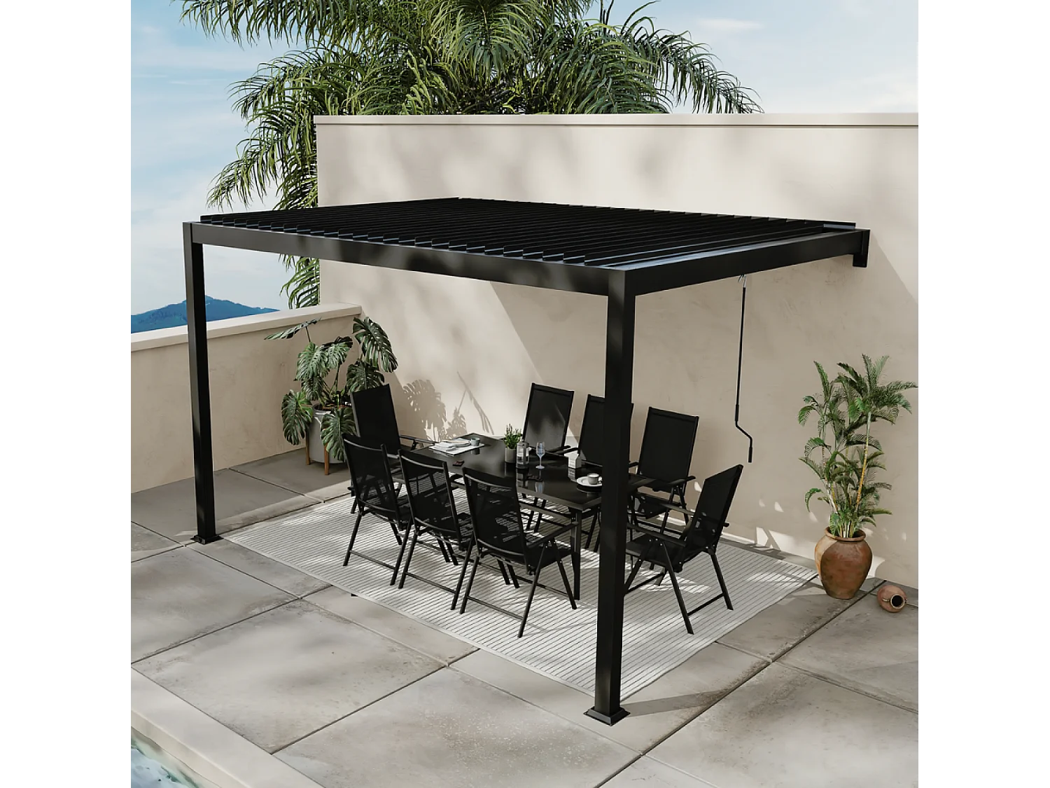 Aangebouwde Bioklimatische Pergola 3x4m AGADIR Donkergrijs Verzinkt Staal Verstelbare Lamellen