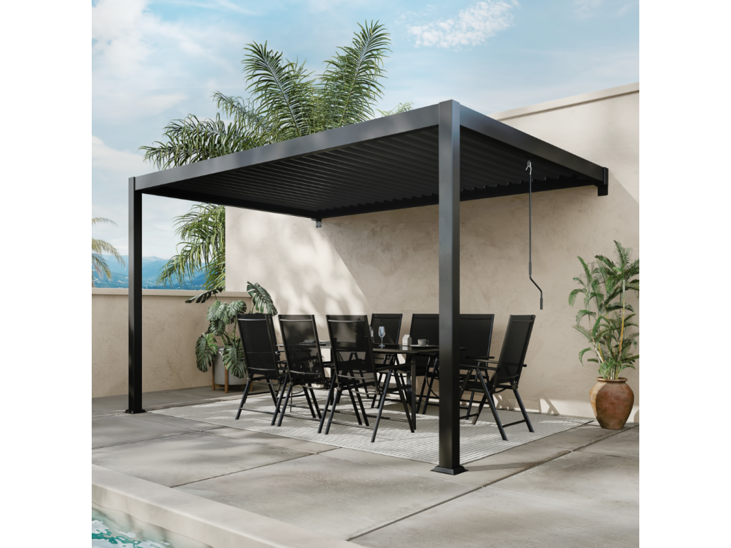 Aangebouwde Bioklimatische Pergola 3x4m AGADIR Donkergrijs Verzinkt Staal Verstelbare Lamellen
