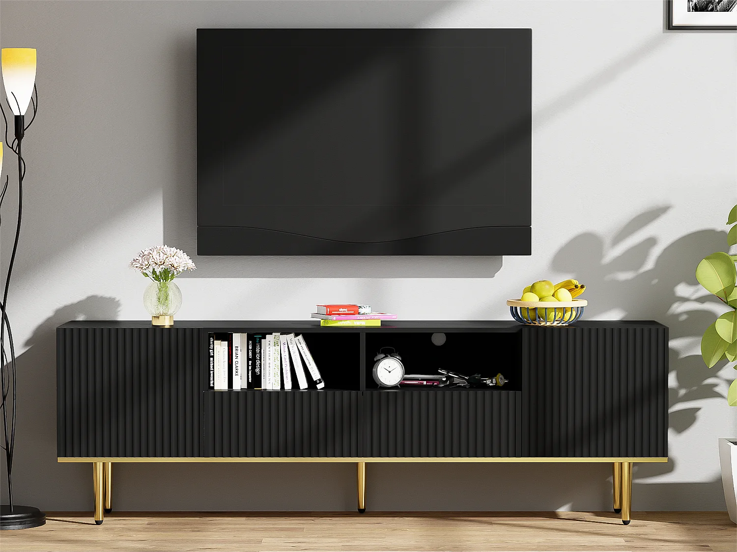 Meuble TV moderne - avec 2 portes et 2 tiroirs - pieds en métal - Noir