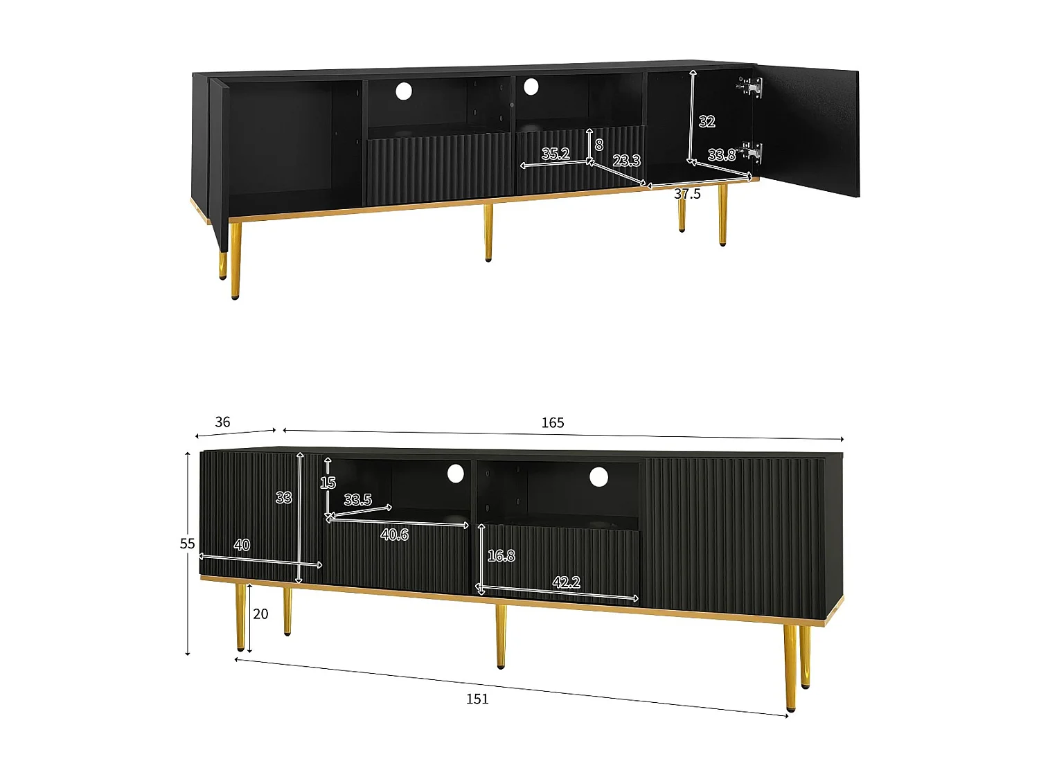 Meuble TV moderne - avec 2 portes et 2 tiroirs - pieds en métal - Noir