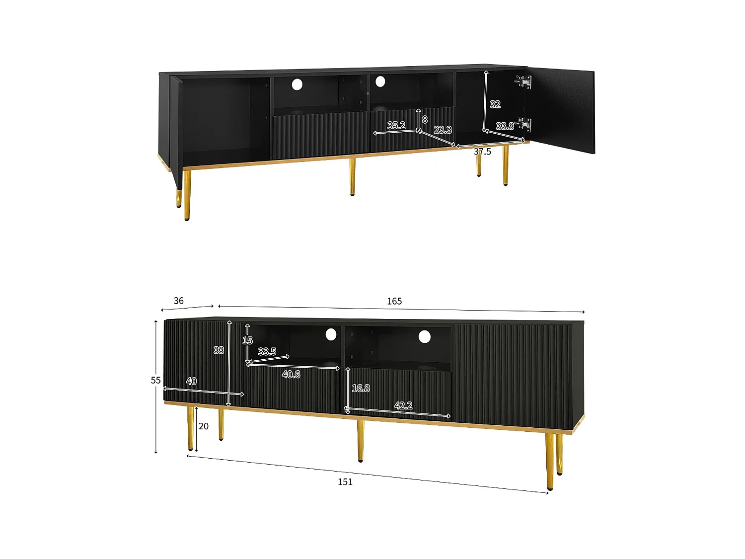 Modern TV-meubel - met 2 deuren en 2 lades - metalen poten - Zwart
