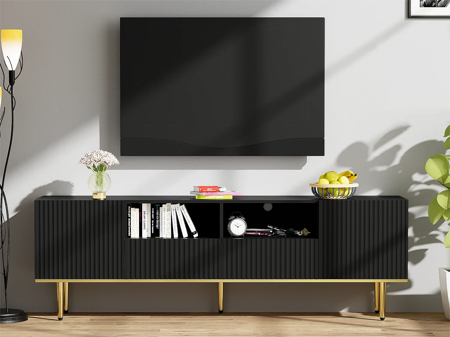 Modern TV-meubel - met 2 deuren en 2 lades - metalen poten - Zwart