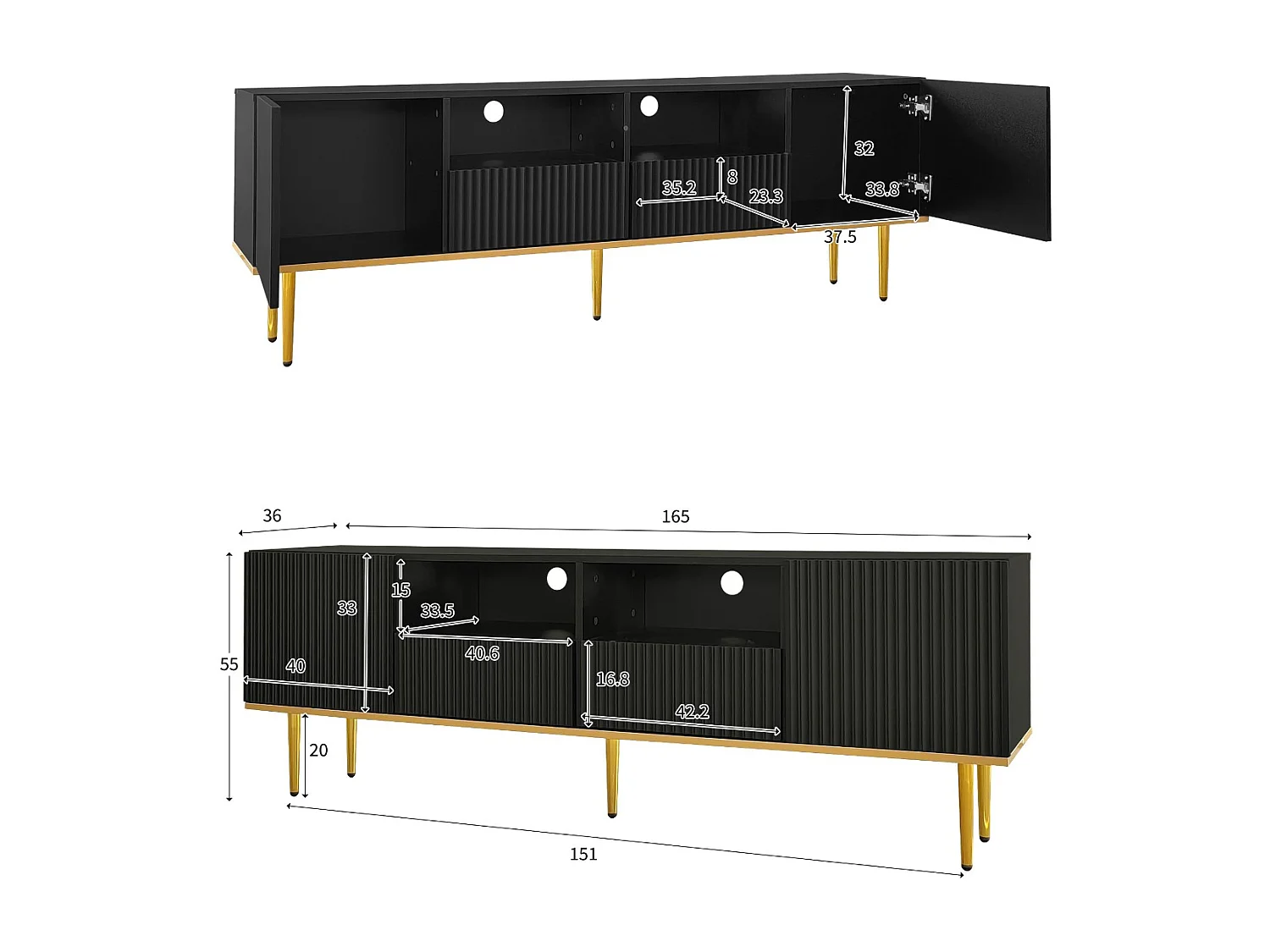Modern TV-meubel - met 2 deuren en 2 lades - metalen poten - Zwart