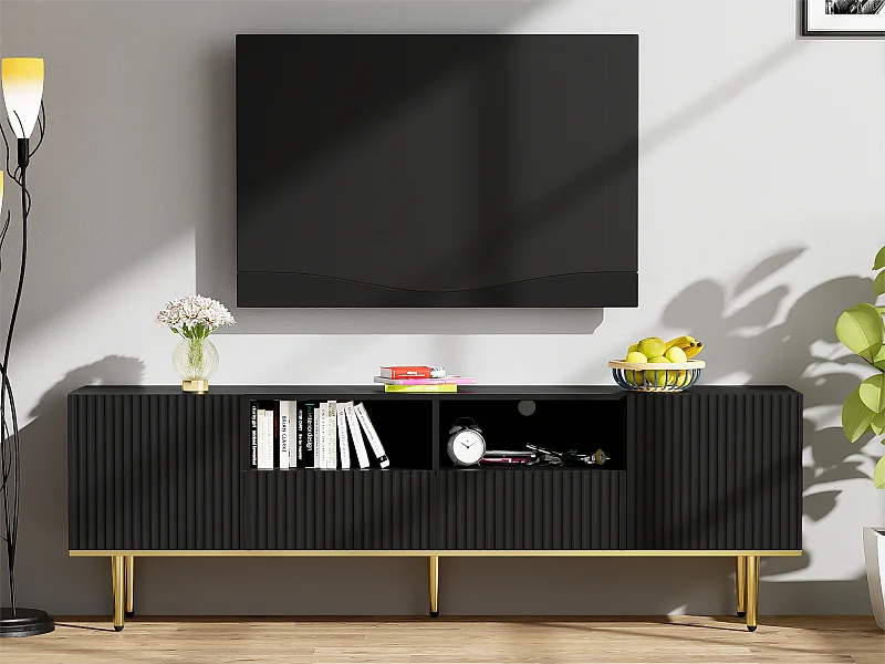 Meuble TV moderne - avec 2 portes et 2 tiroirs - pieds en métal - Noir