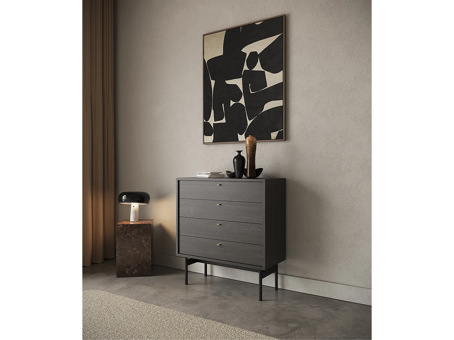 Kommode mit 4 Schubladen - Holzoptik Esche Portland Schwarz - 85,5 cm - OLAR