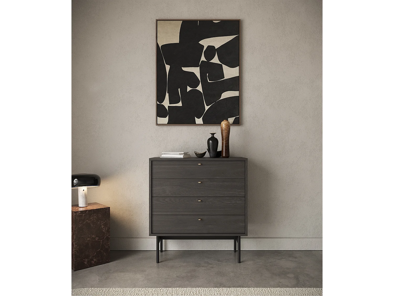 Kommode mit 4 Schubladen - Holzoptik Esche Portland Schwarz - 85,5 cm - OLAR