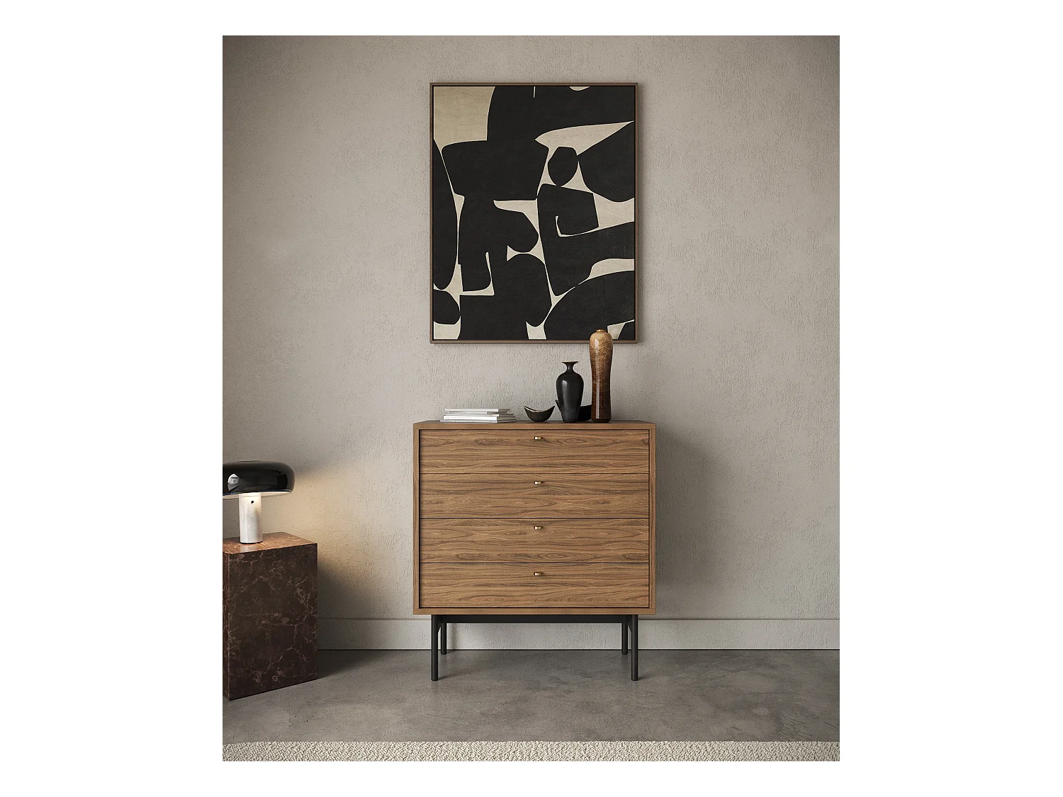 Commode à quatre tiroirs - 85 cm - couleur de bois noyer Carini - OLAR