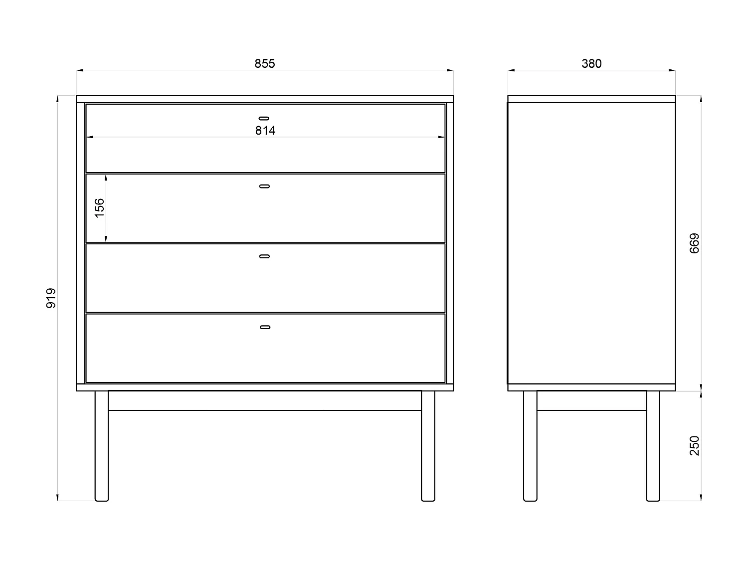 Commode à quatre tiroirs - 85 cm - couleur du bois de caryer - OLAR