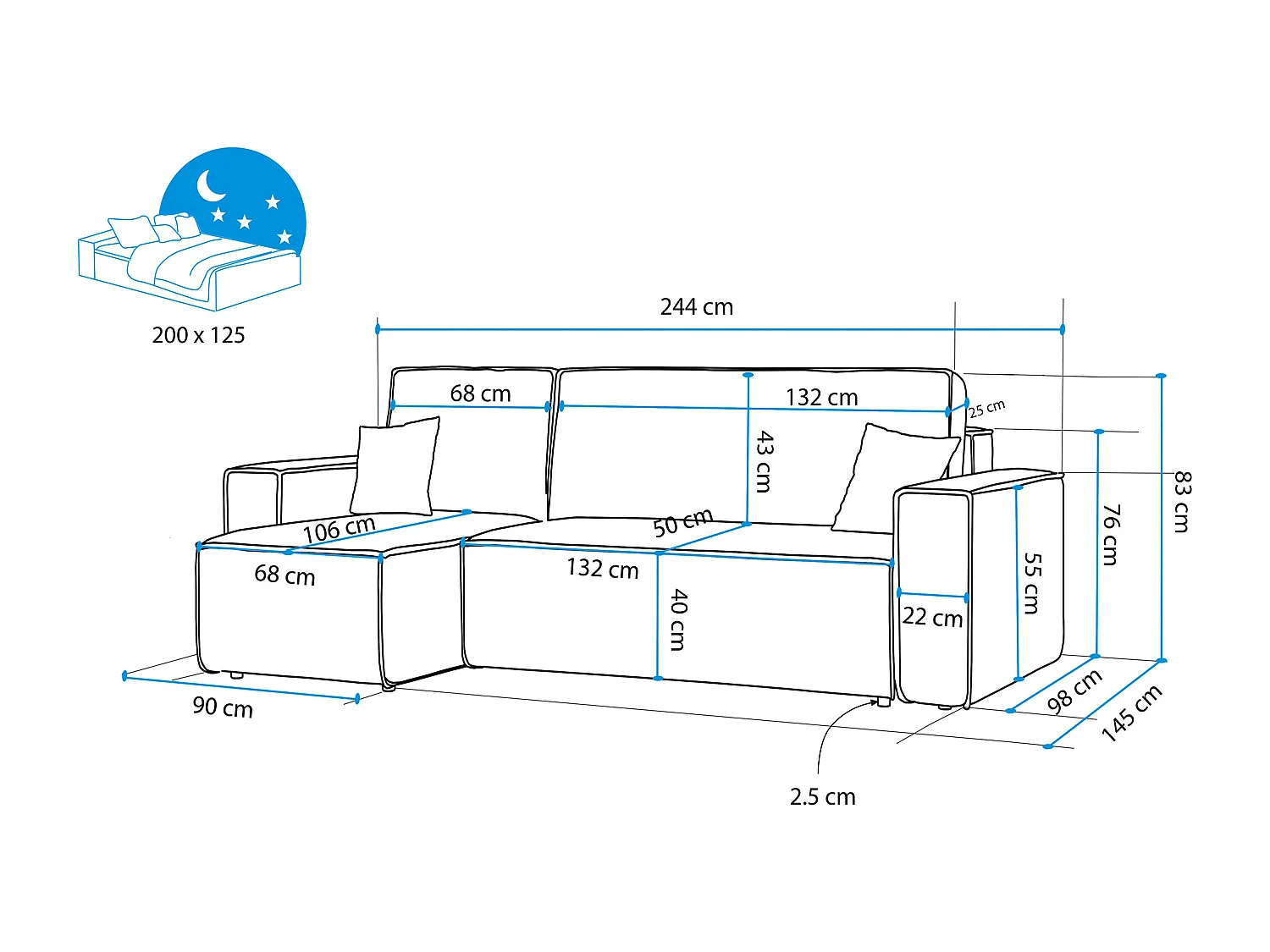 Canapé d'angle Paris réversible convertible en tissu Bleu