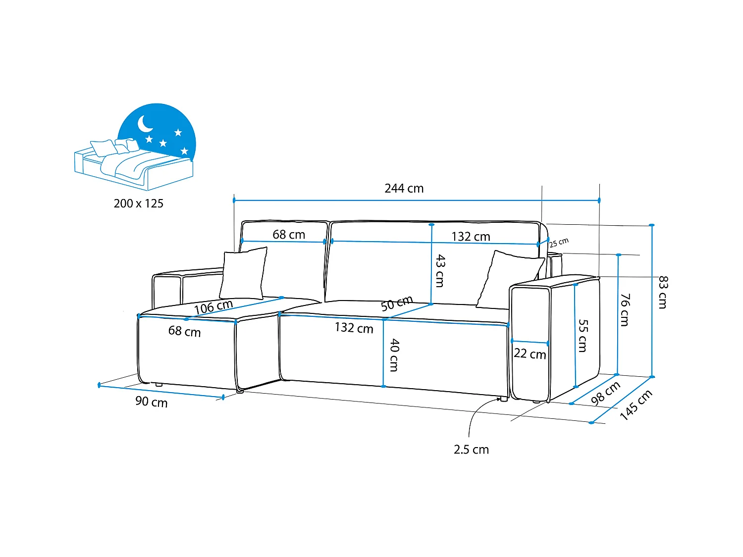 Canapé d'angle Paris réversible convertible en tissu Bleu
