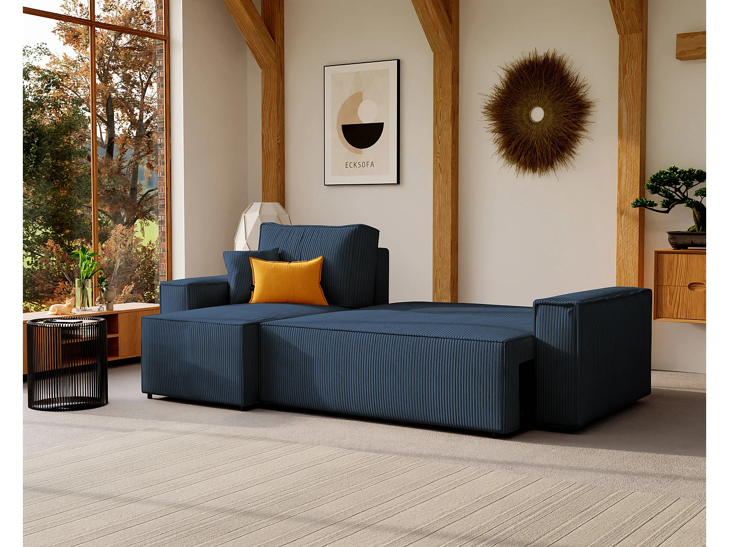 Ecksofa Paris, umkehrbar, in blauem Stoff umwandelbar.