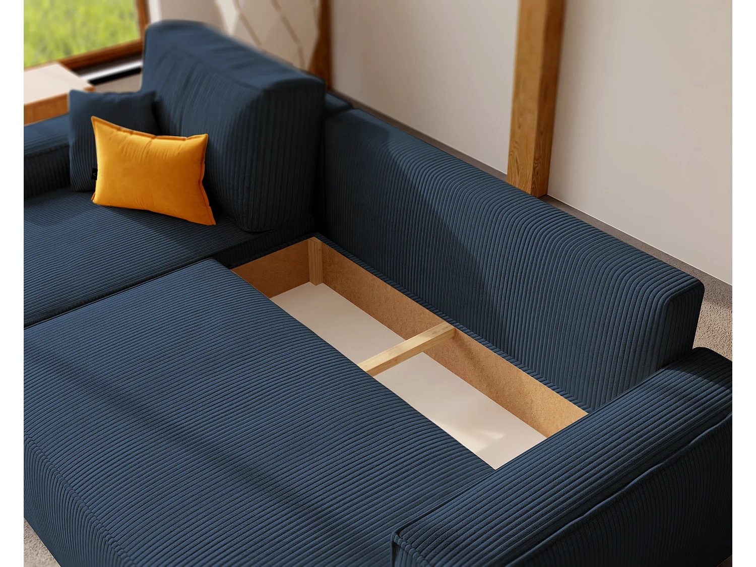 Ecksofa Paris, umkehrbar, in blauem Stoff umwandelbar.