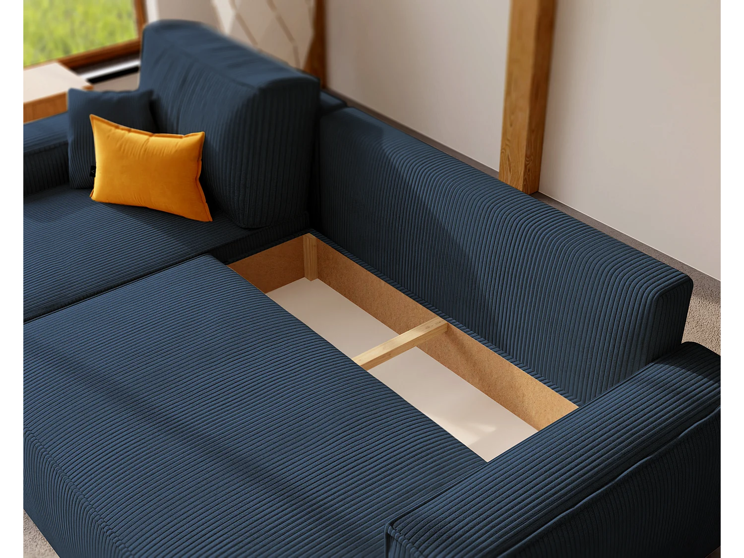 Hoekslaapbank Parijs omkeerbaar om te bouwen tot blauwe stoffen.