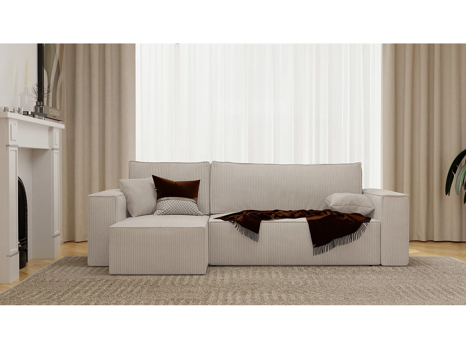 Ecksofa Paris, umkehrbar, in beigem Stoff umwandelbar.