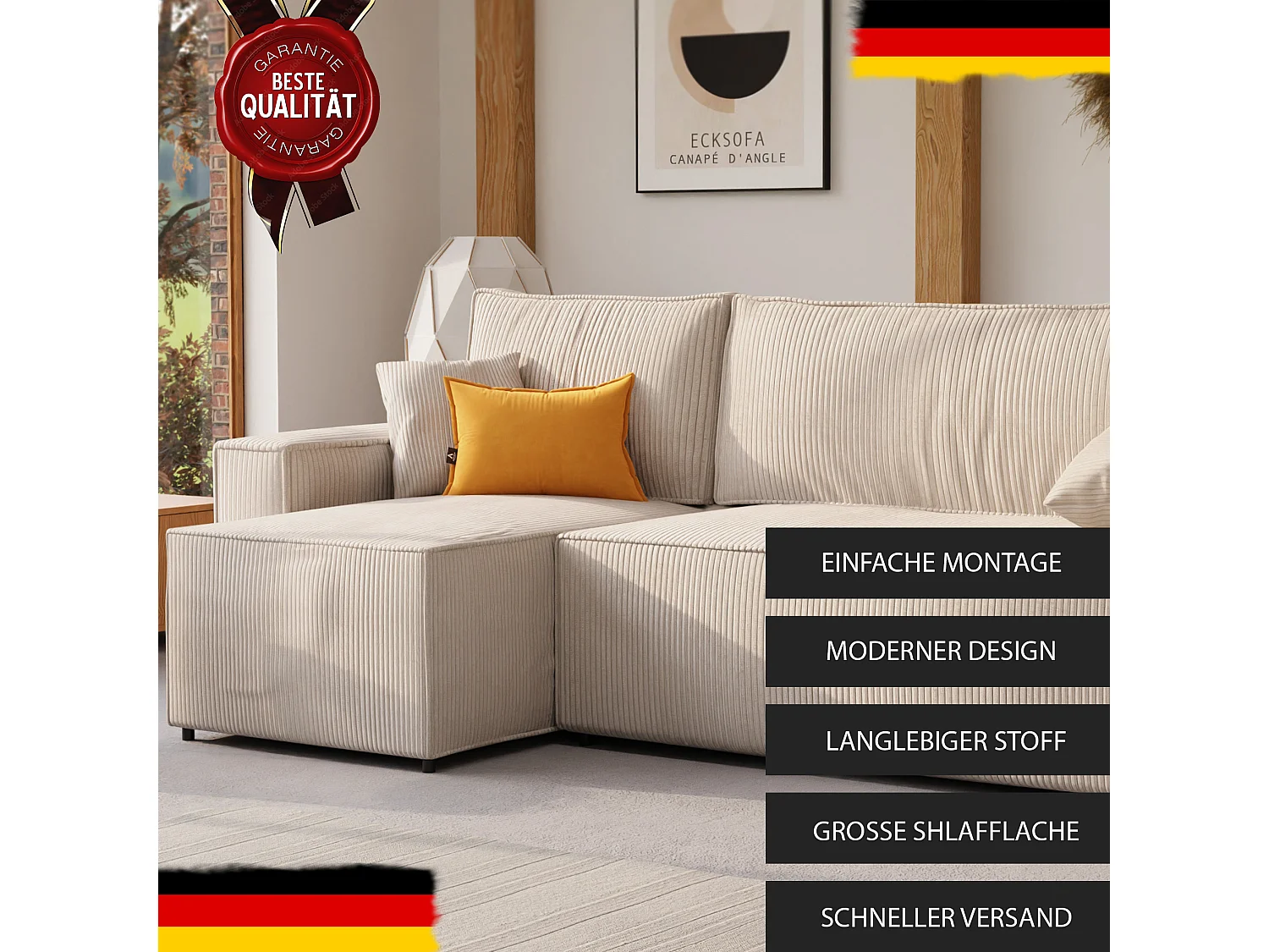 Ecksofa Paris, umkehrbar, in beigem Stoff umwandelbar.