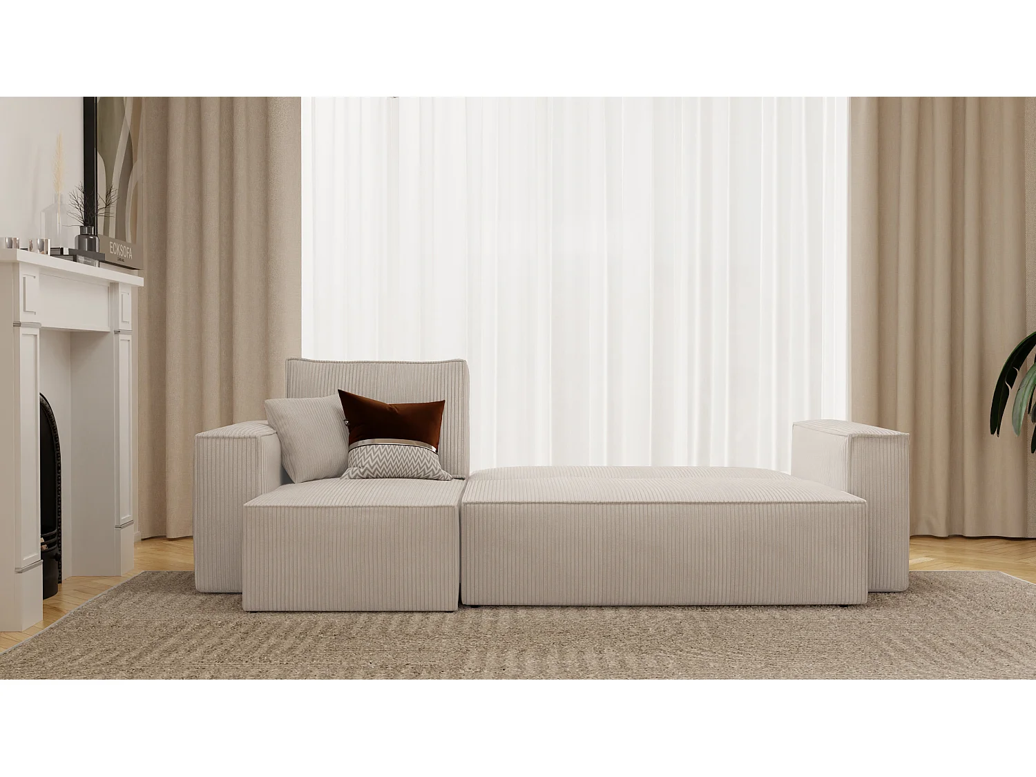 Ecksofa Paris, umkehrbar, in beigem Stoff umwandelbar.