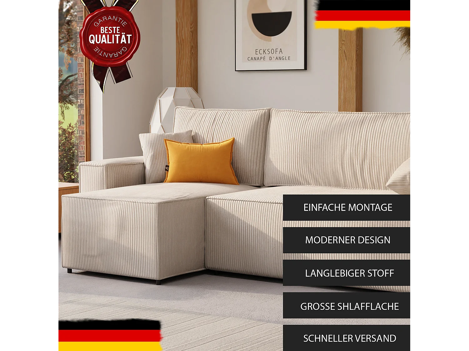 Hoekslaapbank Parijs omkeerbaar om te bouwen tot beige stoffen.