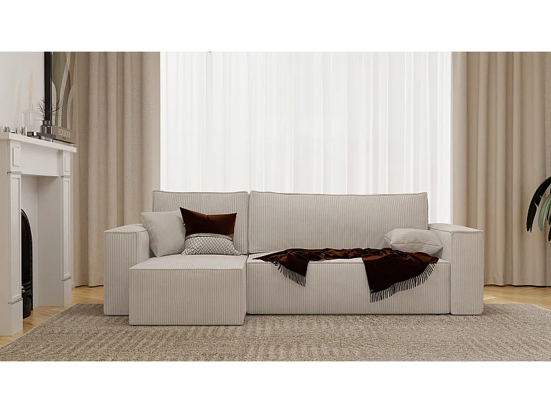 Hoekslaapbank Parijs omkeerbaar om te bouwen tot beige stoffen.