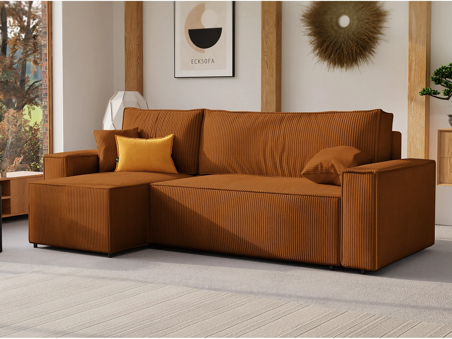 Ecksofa Paris, umkehrbar, in braunem Stoff umwandelbar.