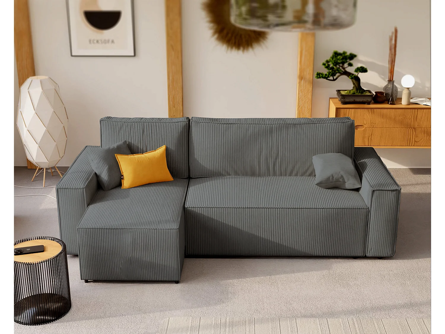 Ecksofa Paris, umkehrbar, in Grau, aus Stoff, umwandelbar.