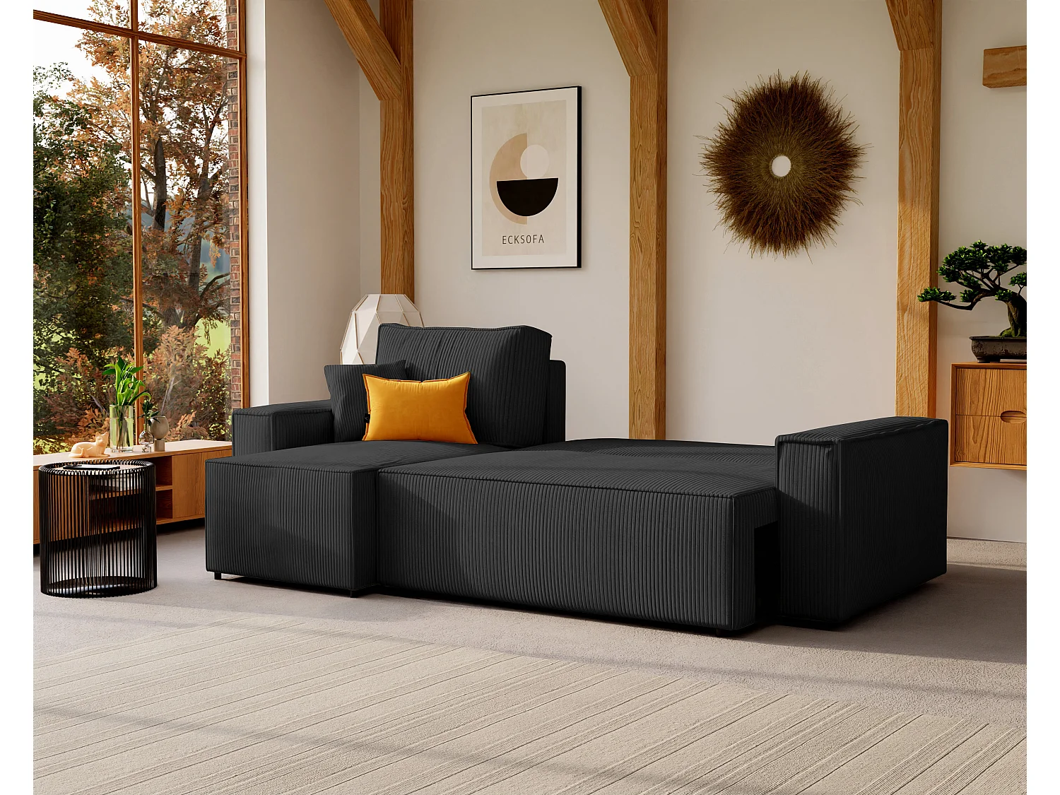 Hoekslaapbank Parijs omkeerbaar om te bouwen tot zwart stoffen.