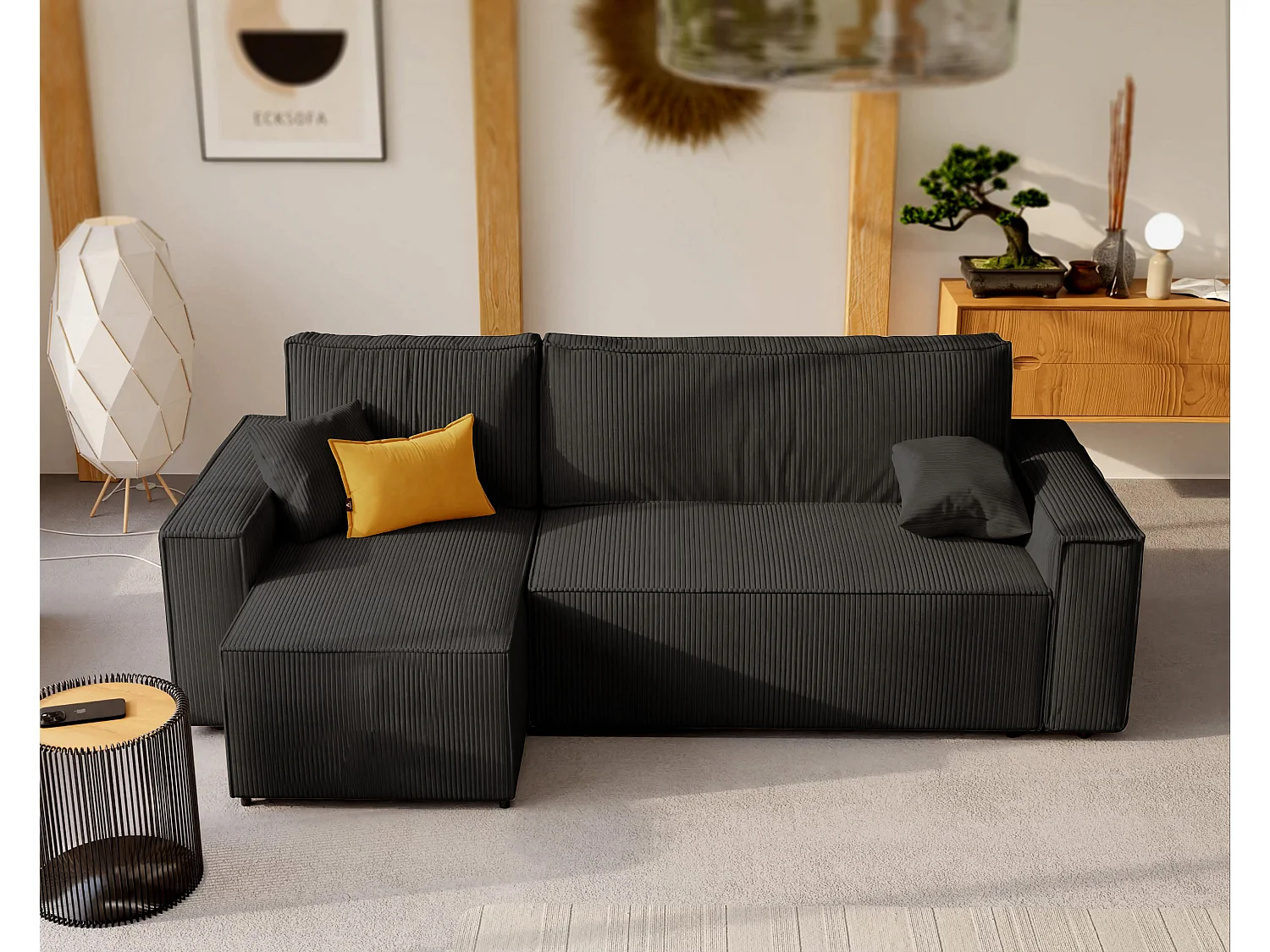 Ecksofa Paris, umkehrbar, in Schwarzem Stoff umwandelbar.