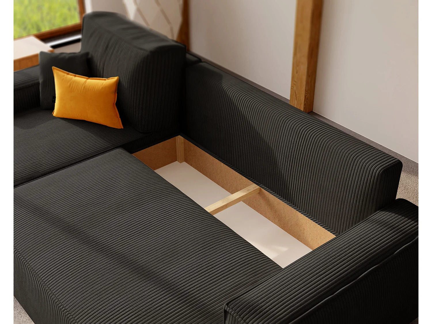 Ecksofa Paris, umkehrbar, in Schwarzem Stoff umwandelbar.