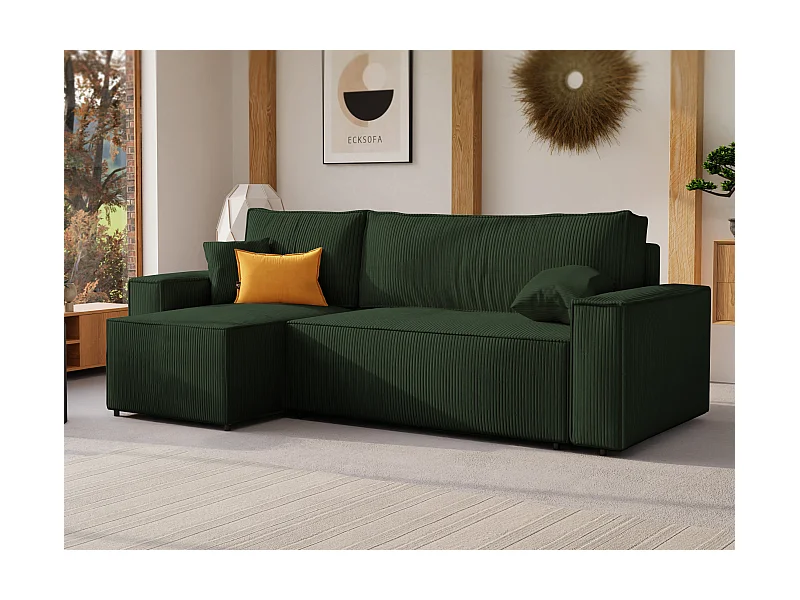 Ecksofa Paris, umkehrbar, in grünem Stoff umwandelbar.