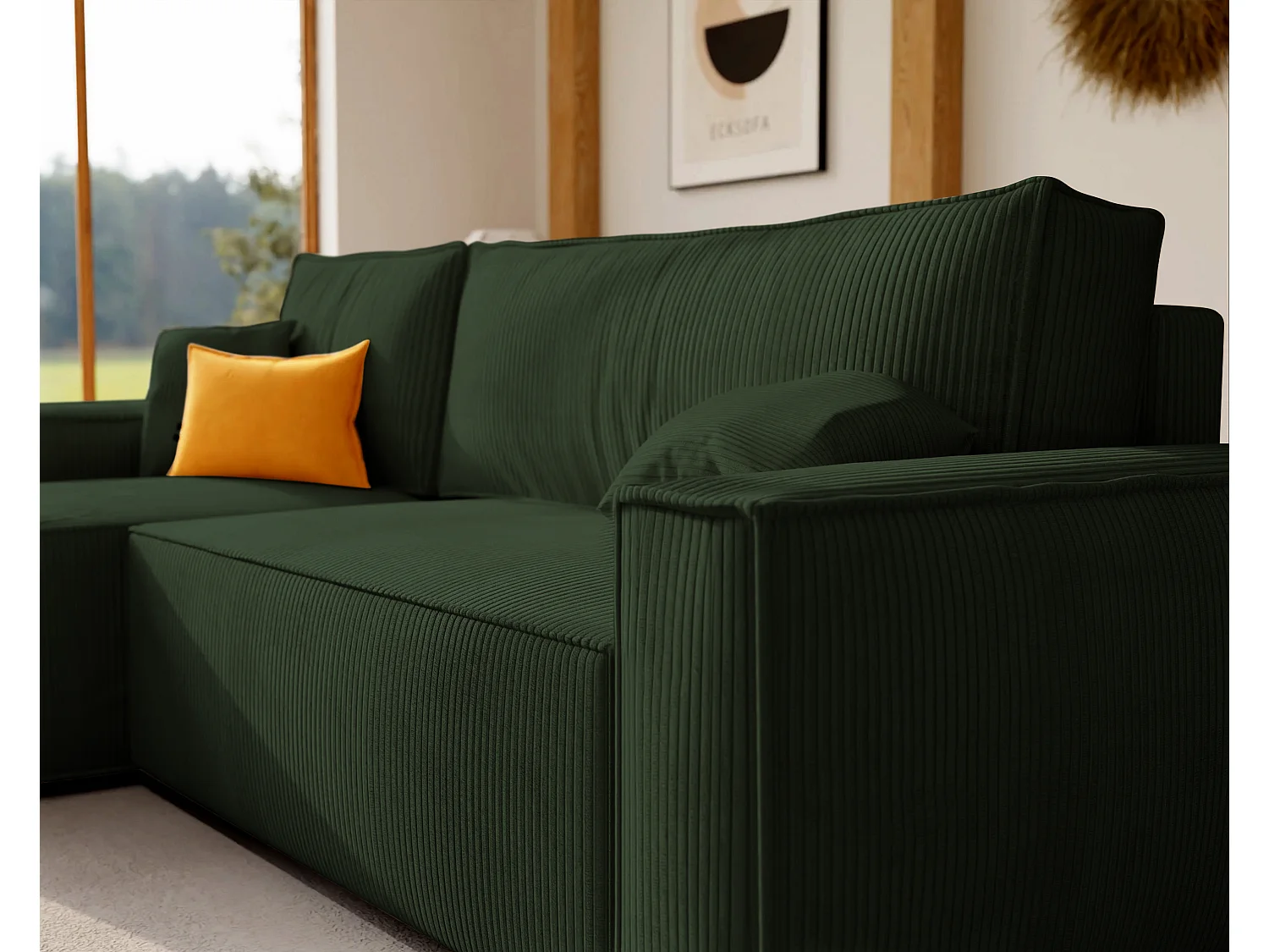 Ecksofa Paris, umkehrbar, in grünem Stoff umwandelbar.