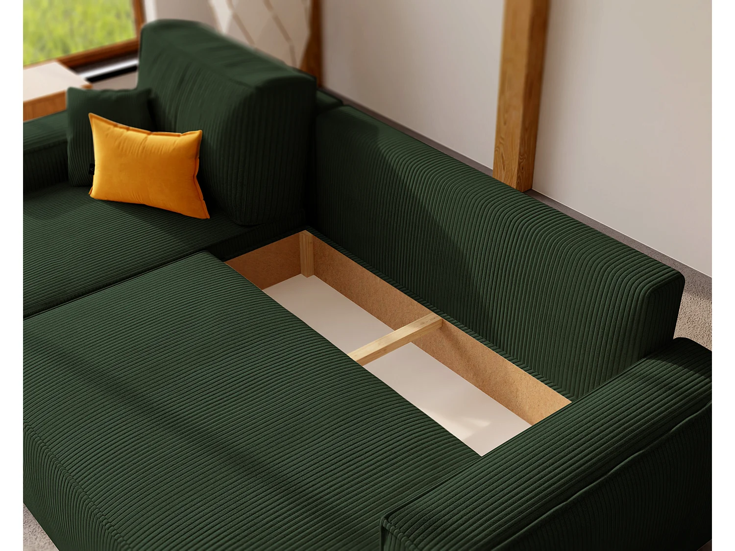 Ecksofa Paris, umkehrbar, in grünem Stoff umwandelbar.