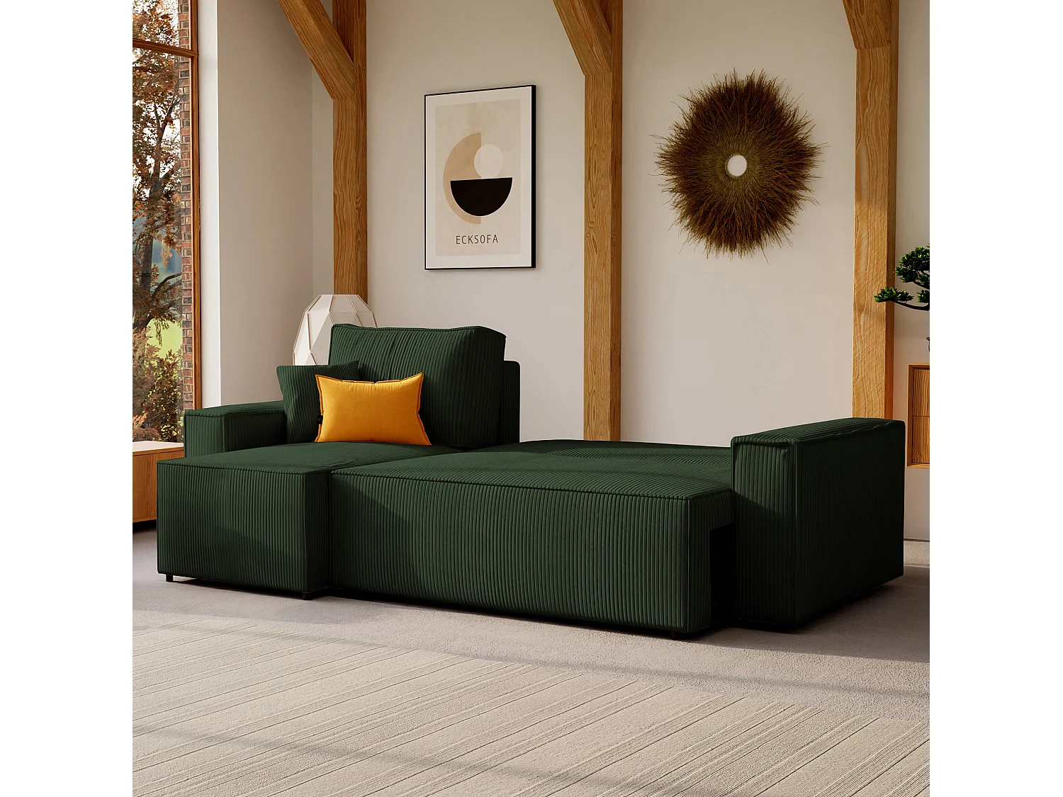 Ecksofa Paris, umkehrbar, in grünem Stoff umwandelbar.