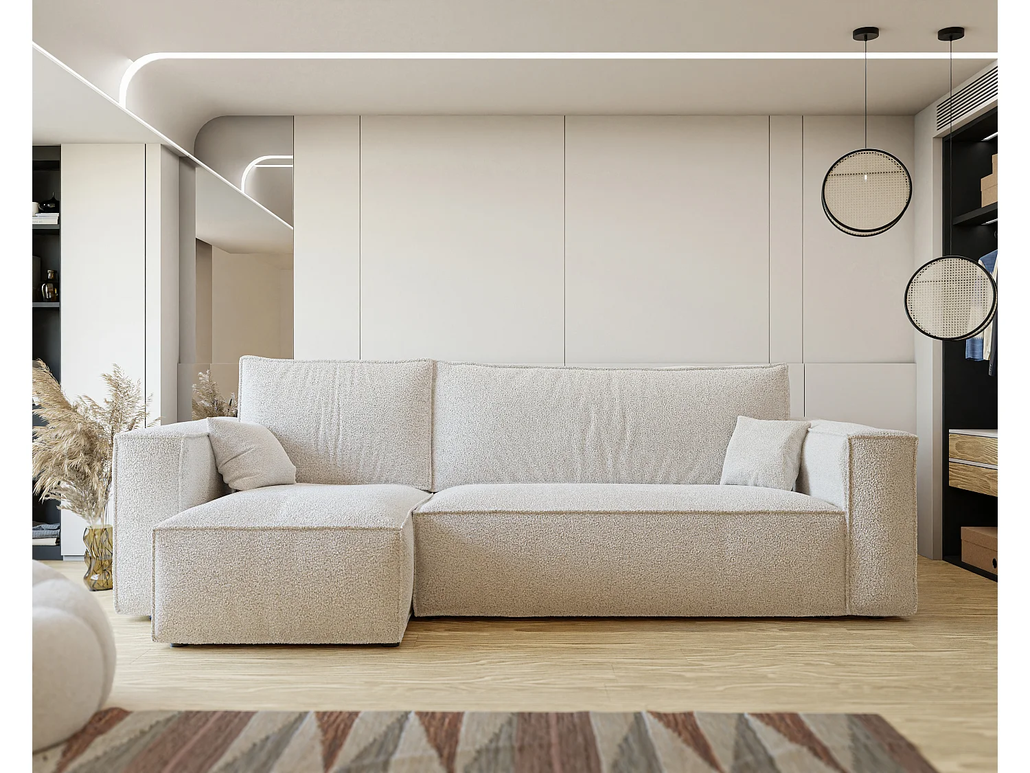 Ecksofa Paris, umkehrbar, in Bouclé-Stoff Creme umwandelbar.