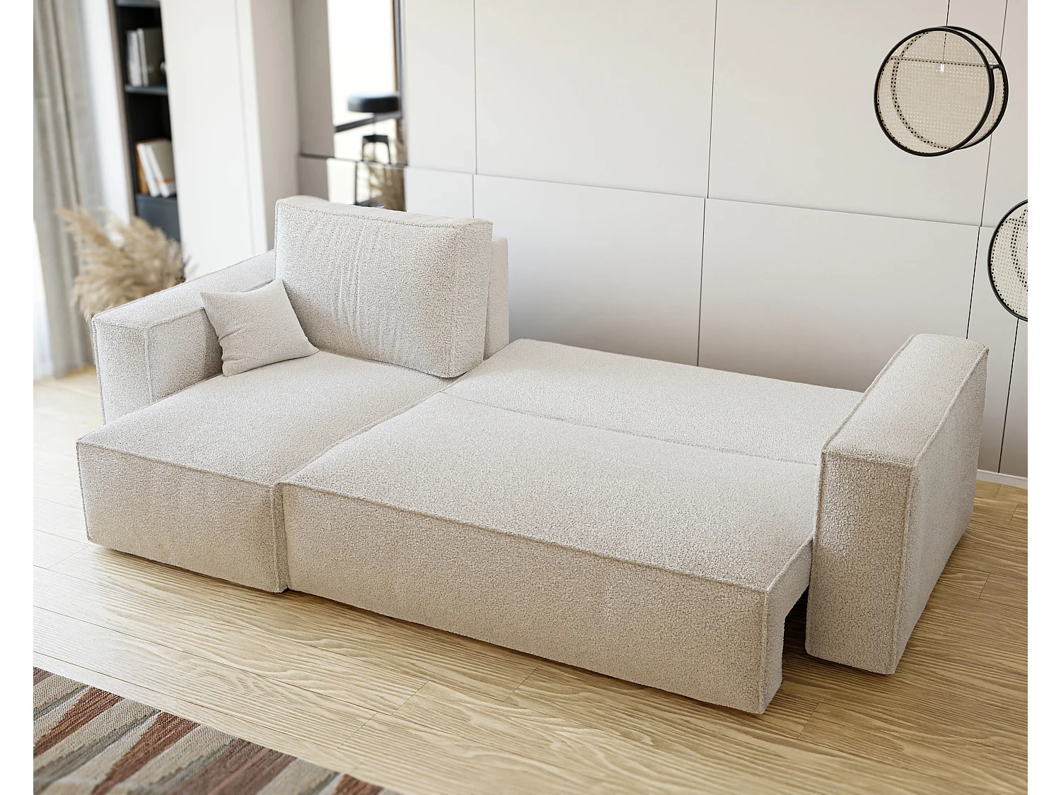 Ecksofa Paris, umkehrbar, in Bouclé-Stoff Creme umwandelbar.