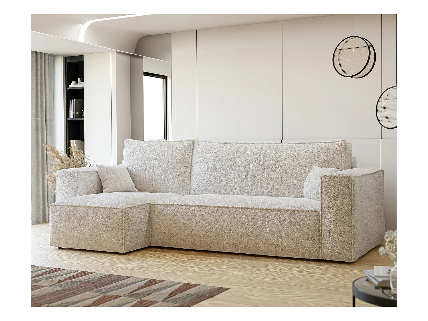 Canapé d'angle Paris réversible convertible en tissu bouclette Crème