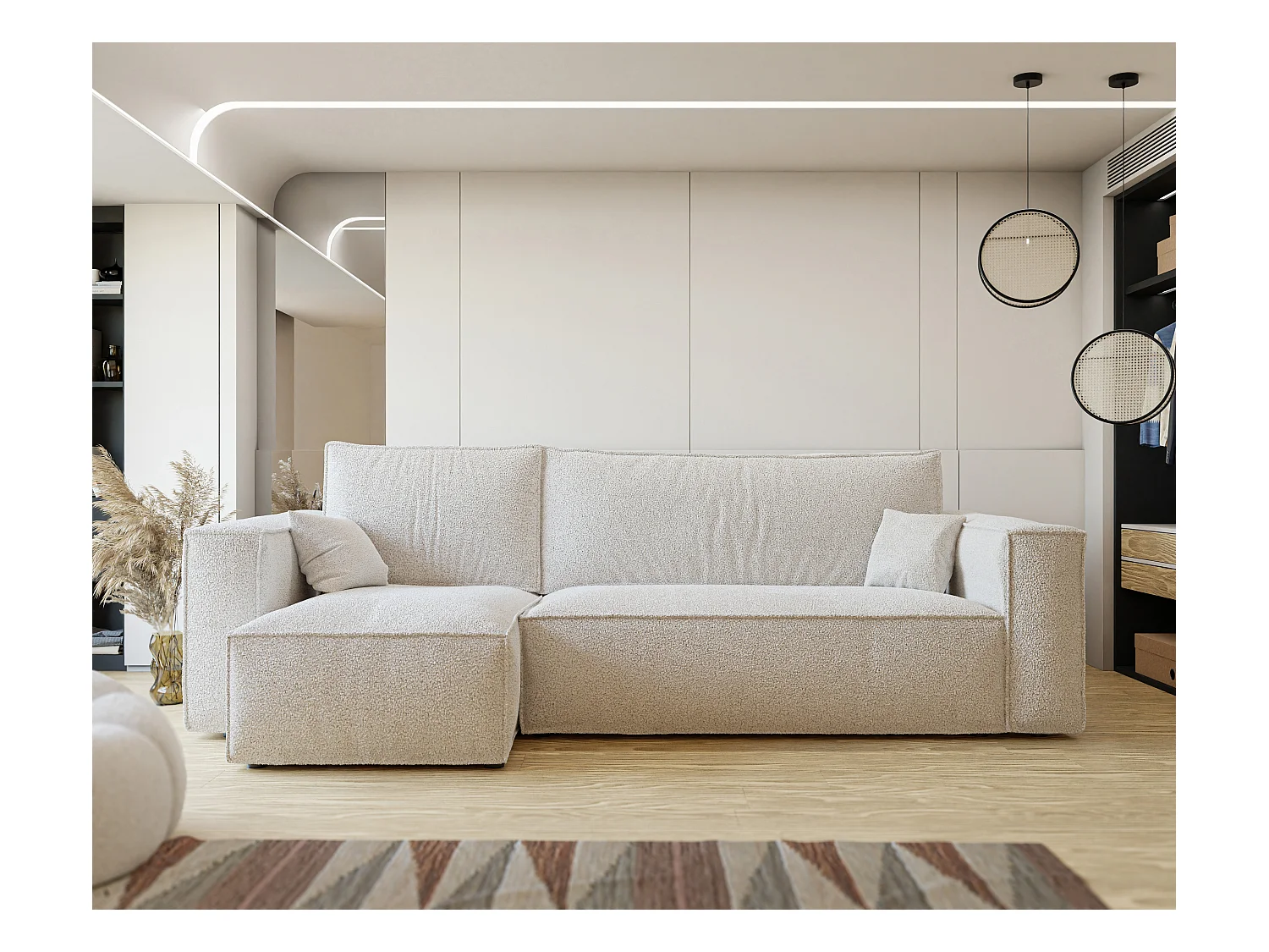 Hoekslaapbank Parijs omkeerbaar om te bouwen tot crèmekleurige boucléstof.