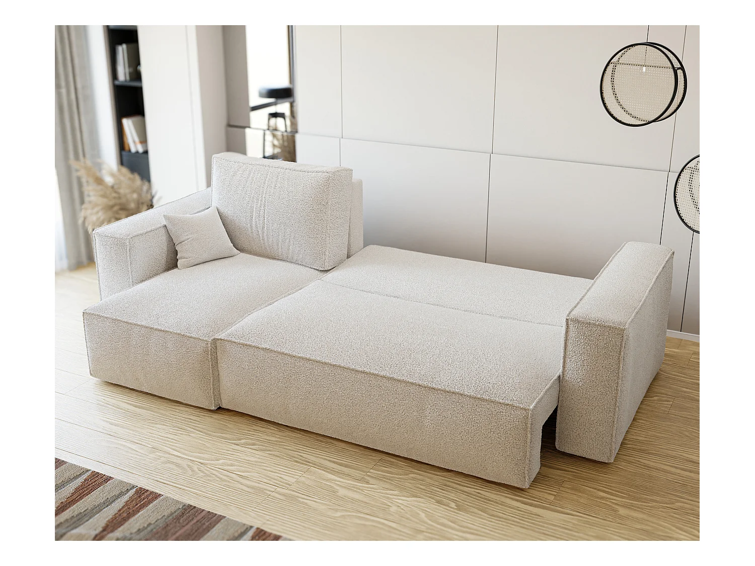 Hoekslaapbank Parijs omkeerbaar om te bouwen tot crèmekleurige boucléstof.
