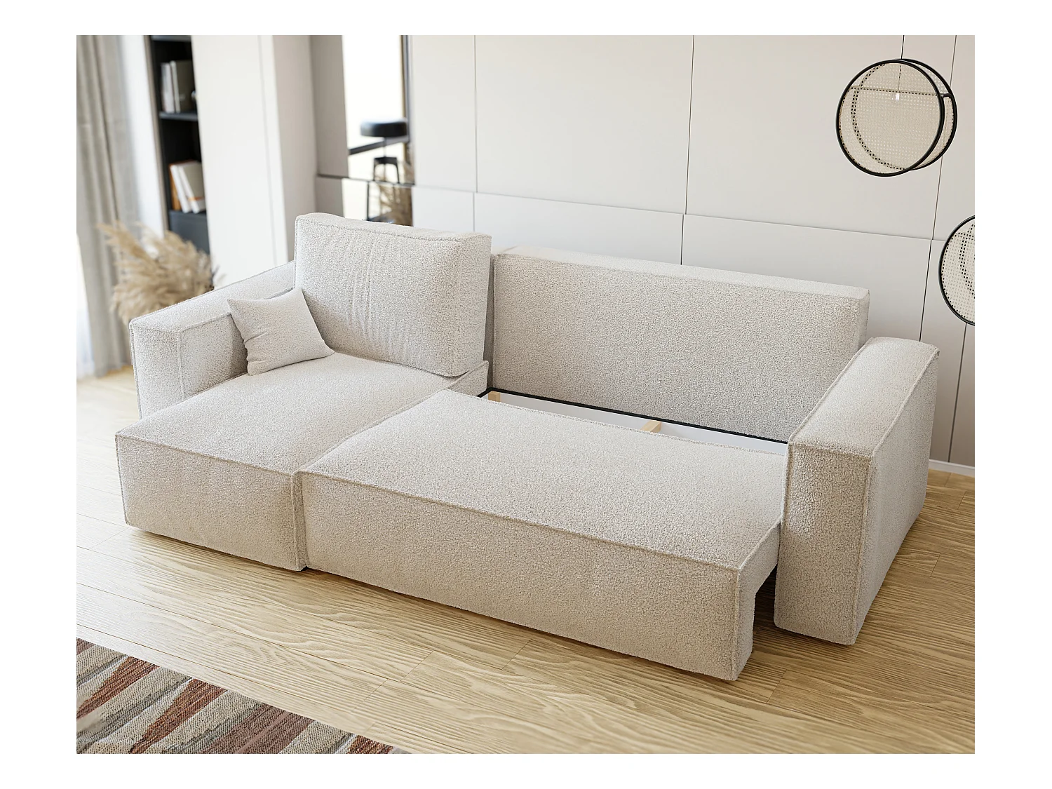 Hoekslaapbank Parijs omkeerbaar om te bouwen tot crèmekleurige boucléstof.