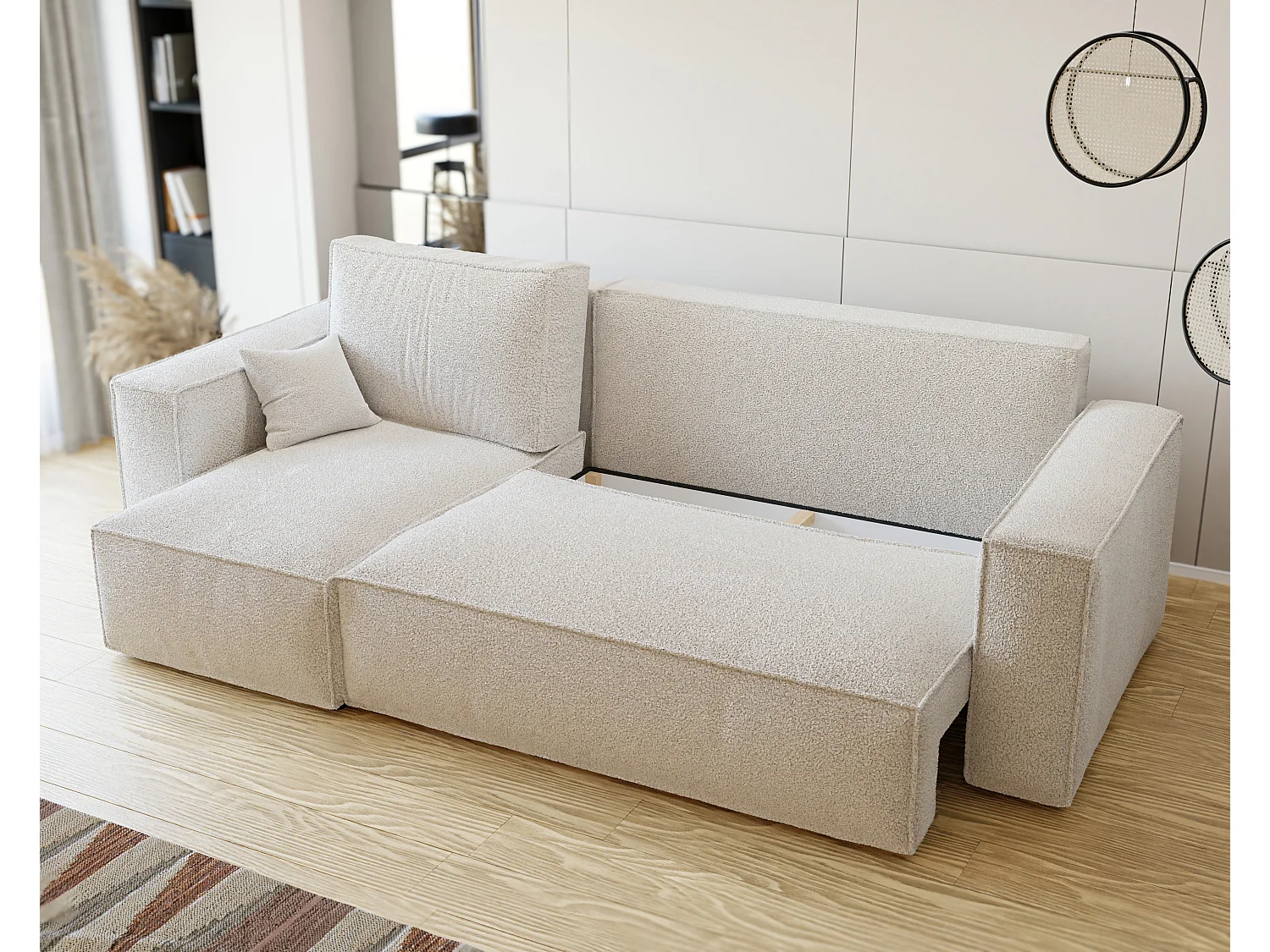 Ecksofa Paris, umkehrbar, in Bouclé-Stoff Creme umwandelbar.