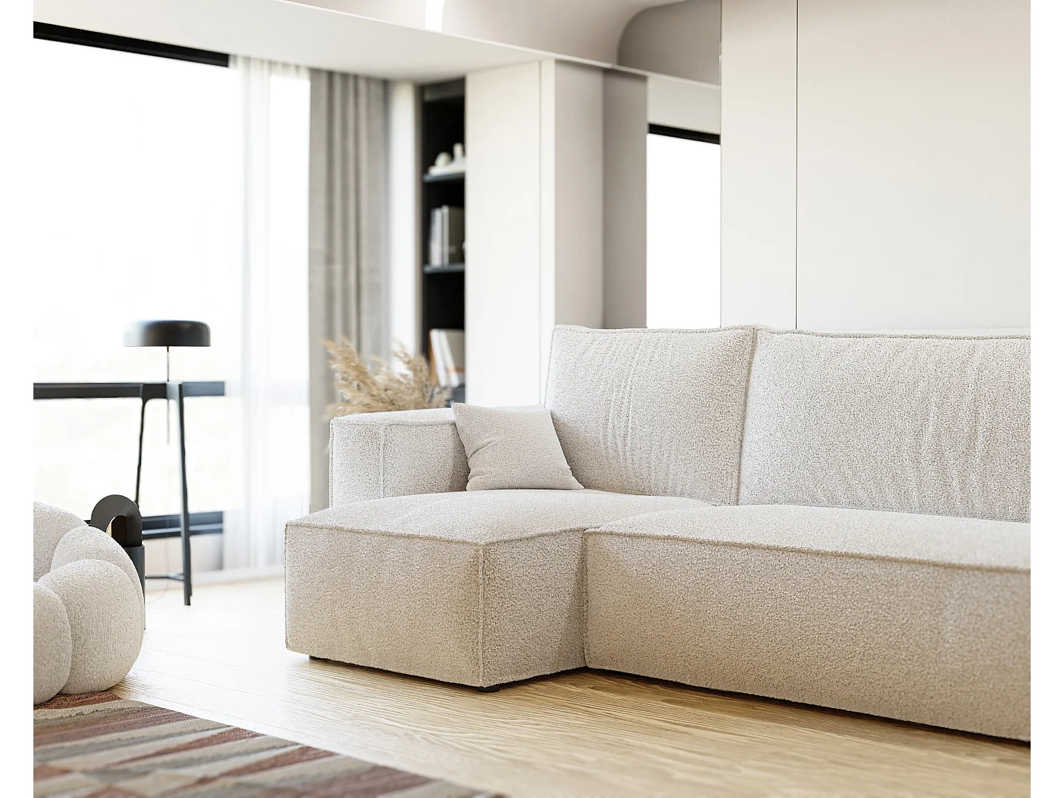 Ecksofa Paris, umkehrbar, in Bouclé-Stoff Creme umwandelbar.