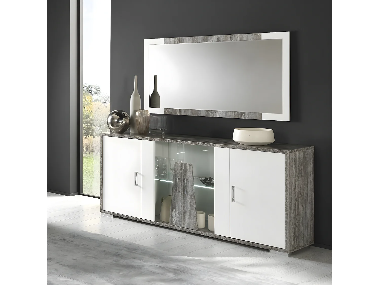 DENYS - Miroir Rectangulaire Laqué Blanc et Effet Bois Taupe