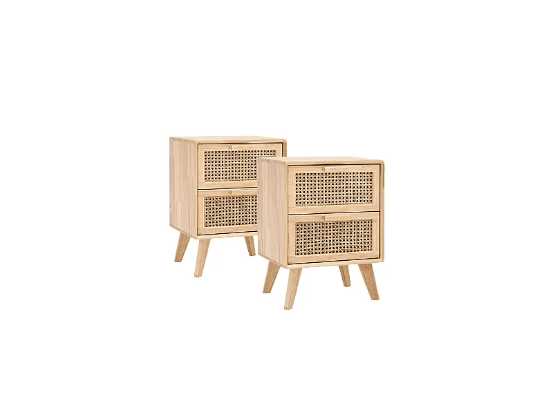 Lot de 2 tables de chevet en bois d'hévéa avec deux tiroirs 54x40cm