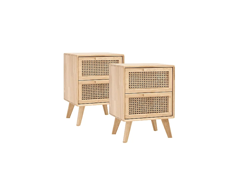 Lot de 2 tables de chevet en bois d'hévéa avec deux tiroirs 54x40cm