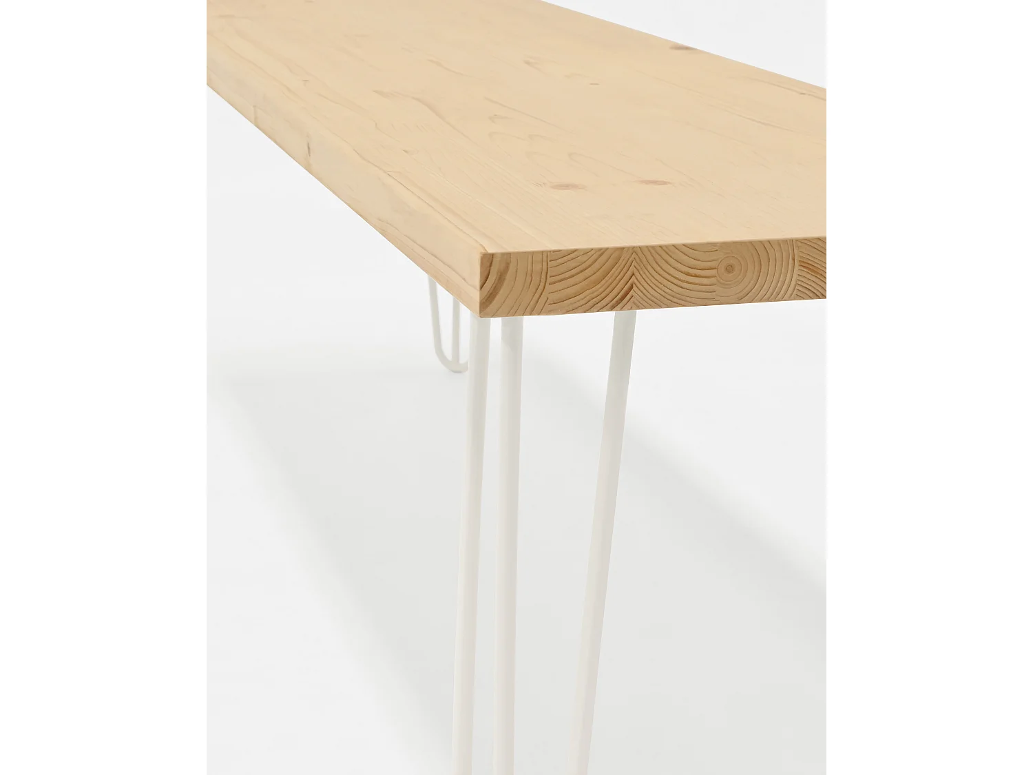 Banco de madera de pino rectangular Decowood para interiores en color natural con patas de hierro blancas de 140cm estilo industrial - NOA - DECOWOOD