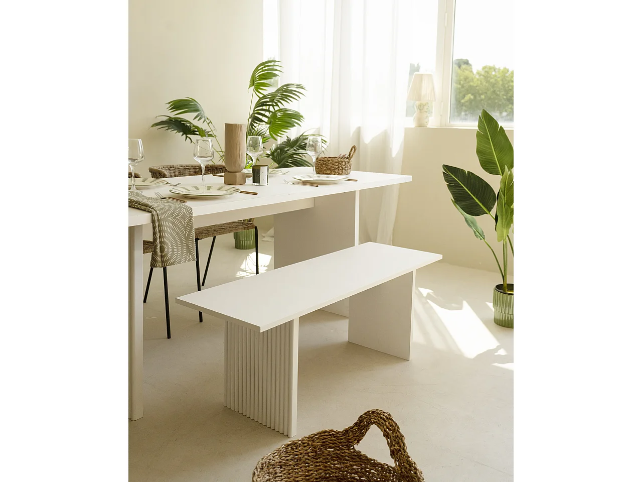 Panca rettangolare in legno masello in tono bianco 120x45cm - BALI - DECOWOOD