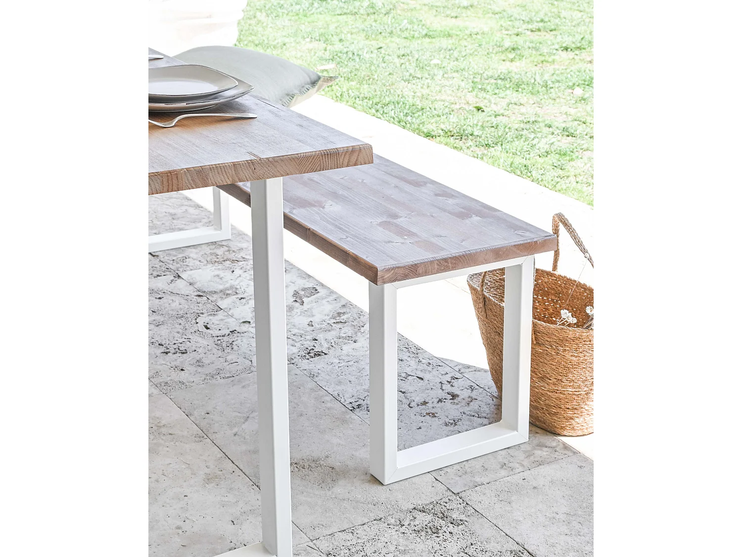 Banc en bois de pin et fer vieilli et blanc 140x45cm