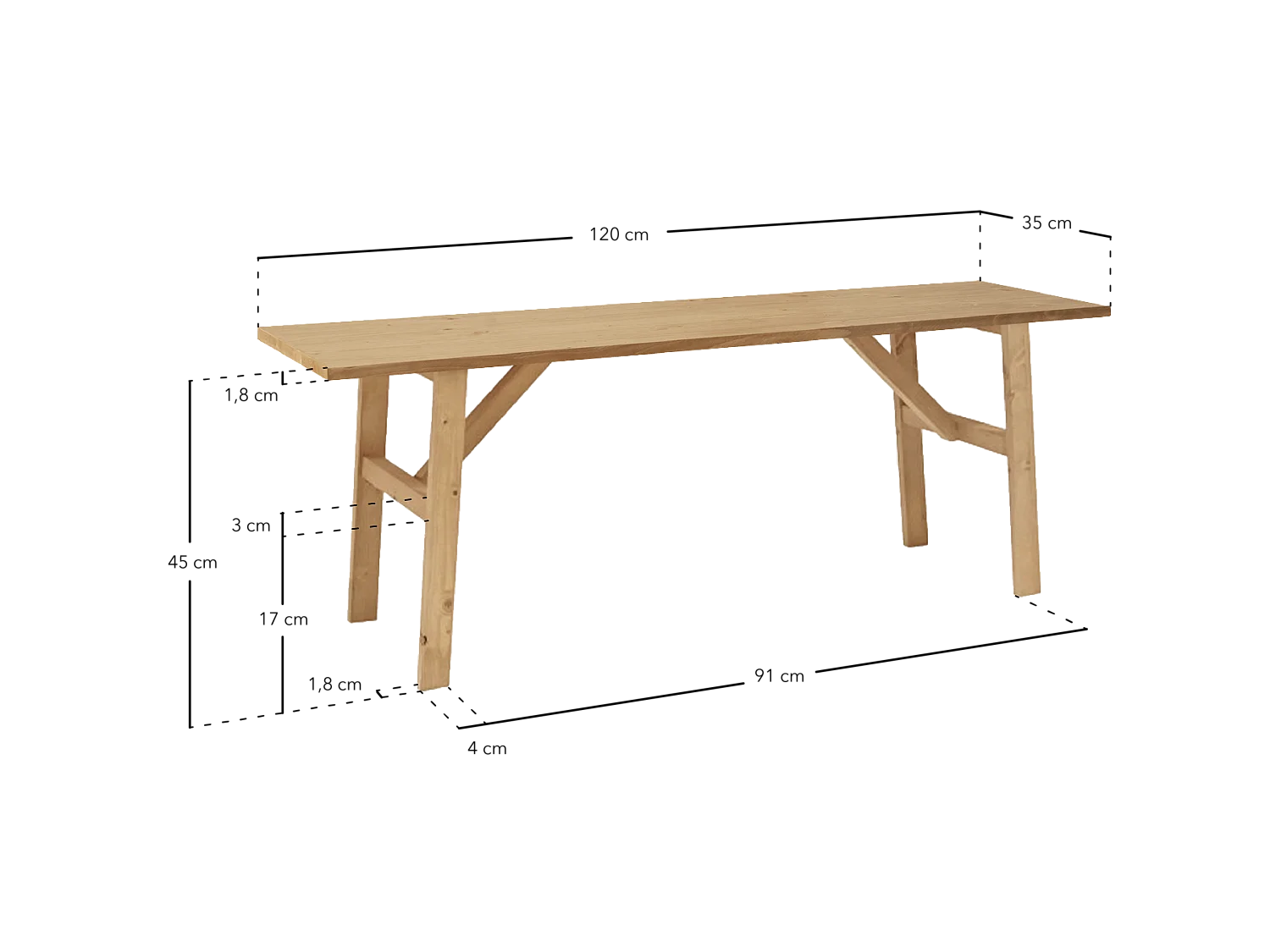 Banqueta de madera maciza en tono roble medio de 120x45cm - SIEP - DECOWOOD